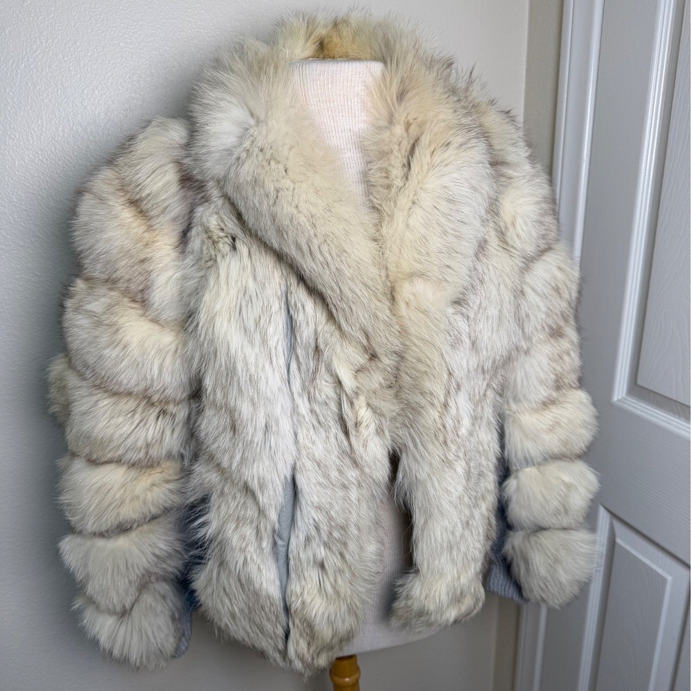 Vintage Sakowitz Genuine Fox Fur Knit Jacket Grey Cream Designer Luxury Coat M/L
